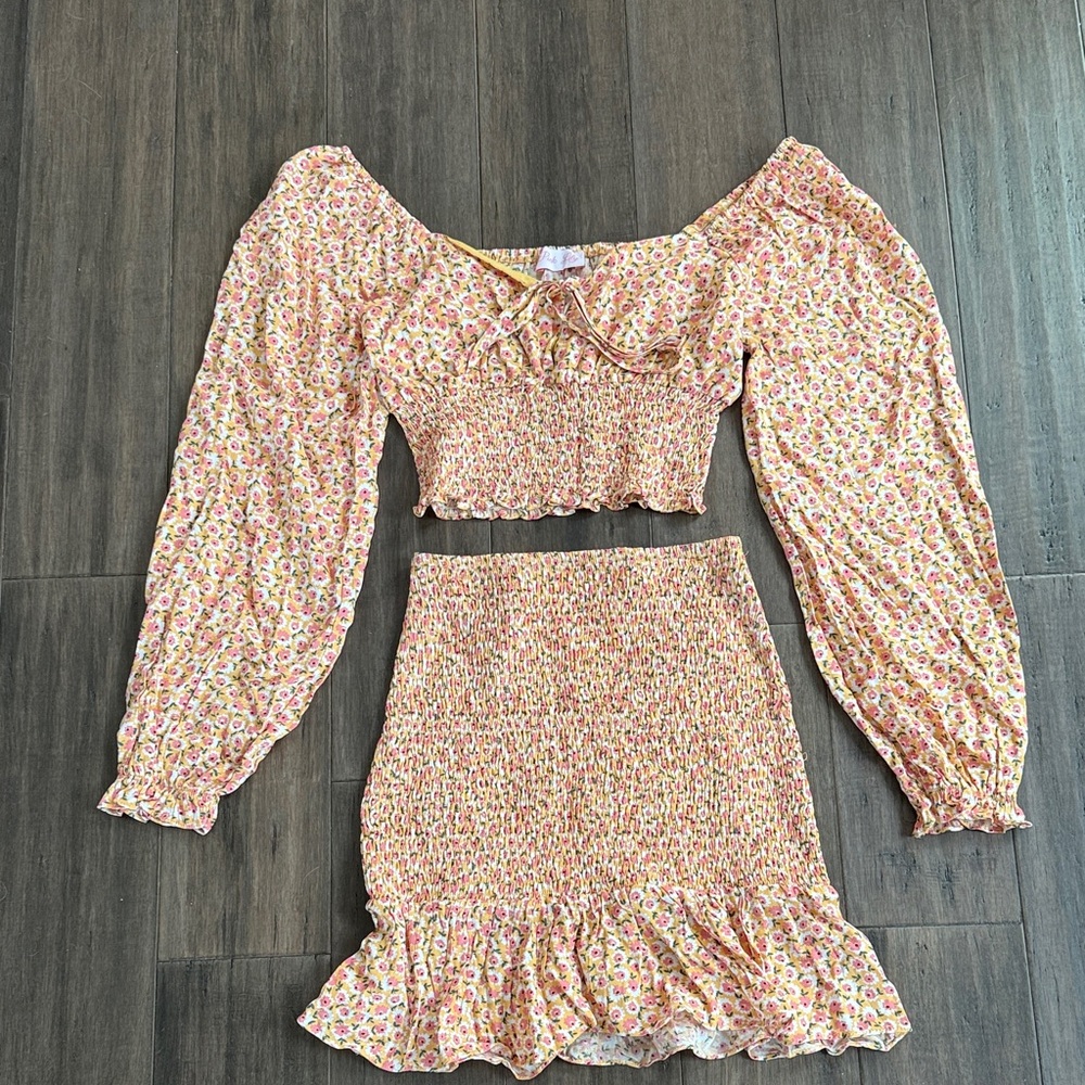 Smocked Floral Two-Piece Skirt Set